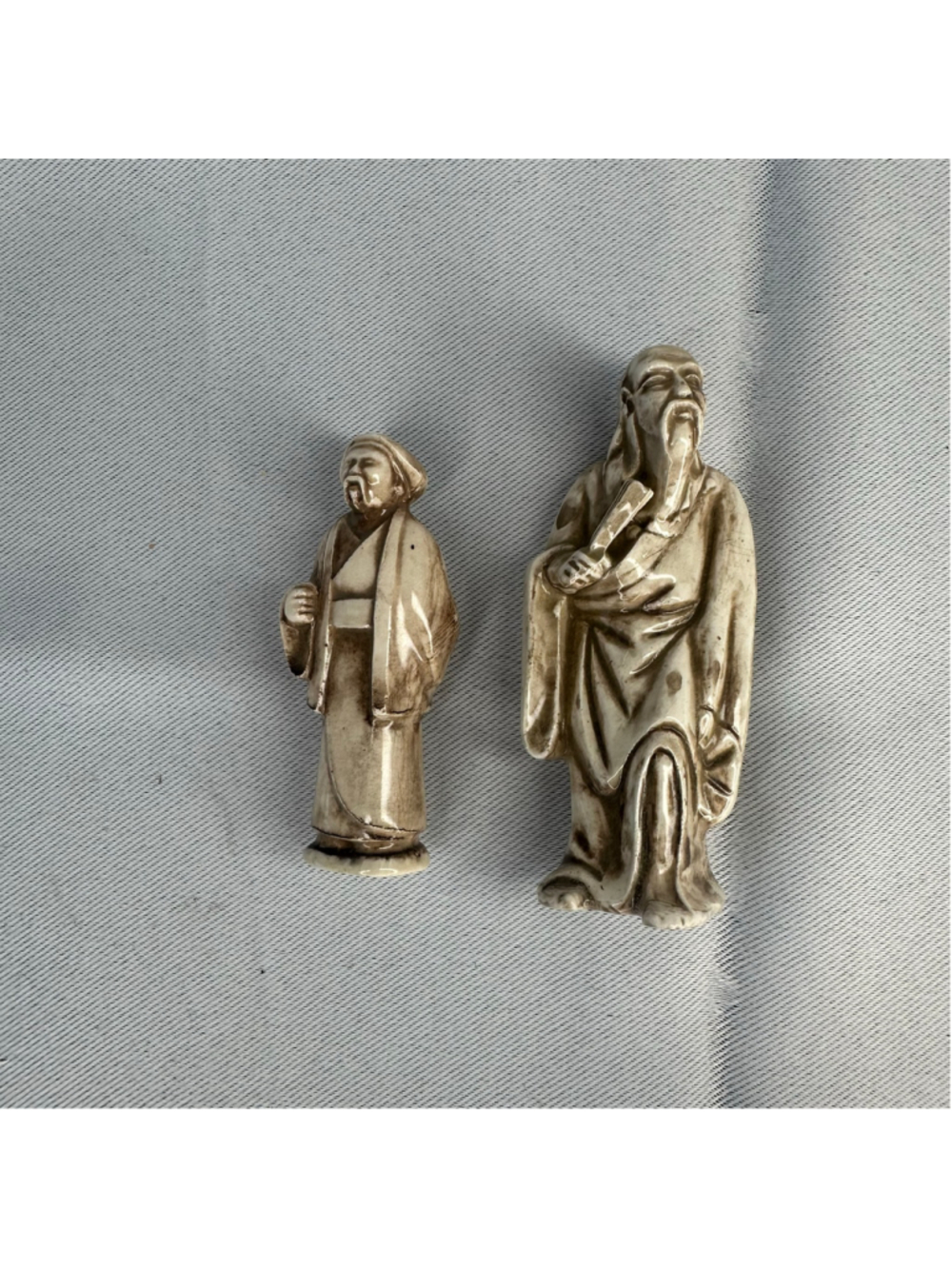 Vintage Ceramic Mud Men Asian Wise Men Scholar Figurines Set of 2 Glazed Cream